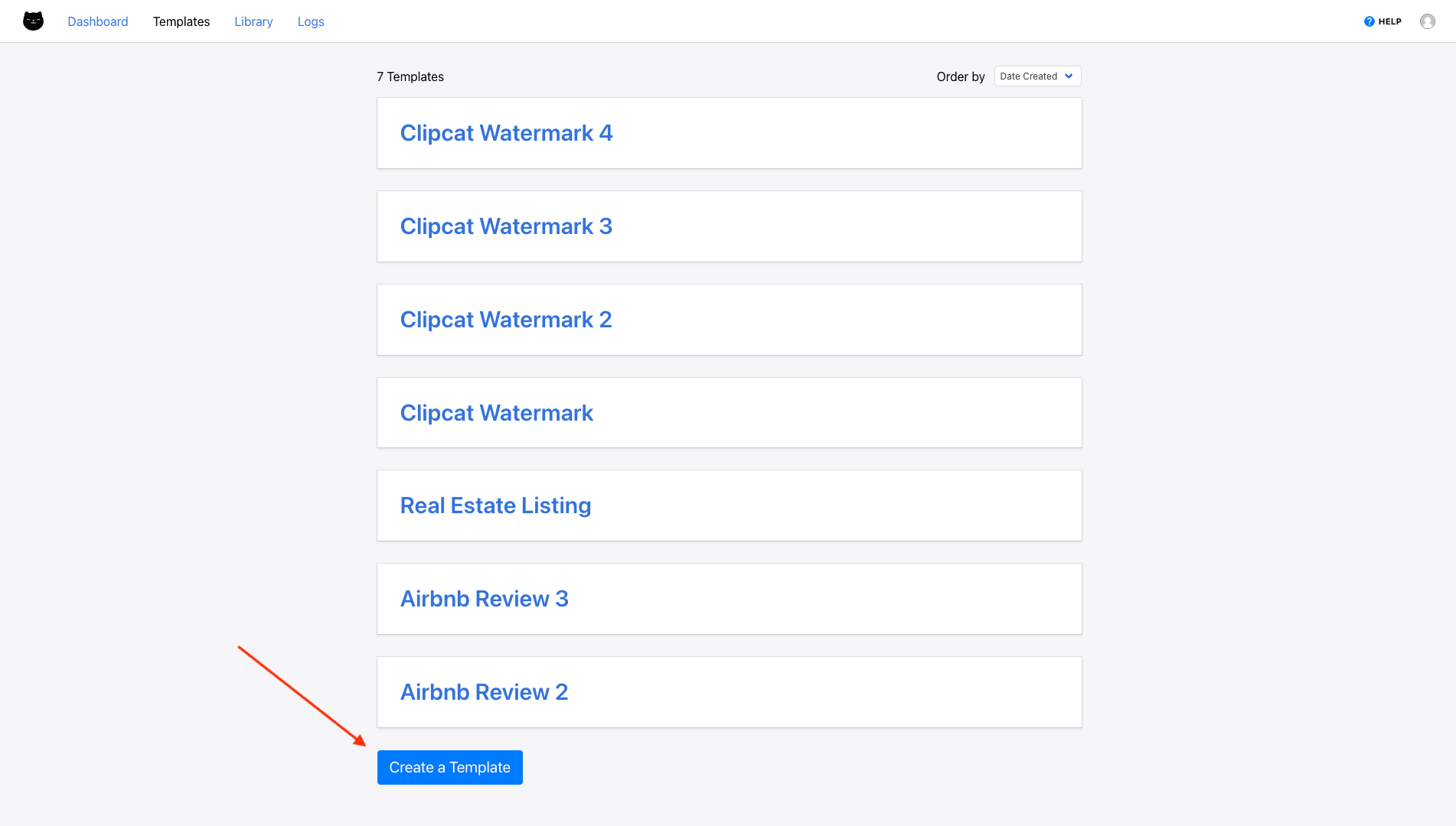 Screenshot of Clipcat template page with red arrow pointing to create a template