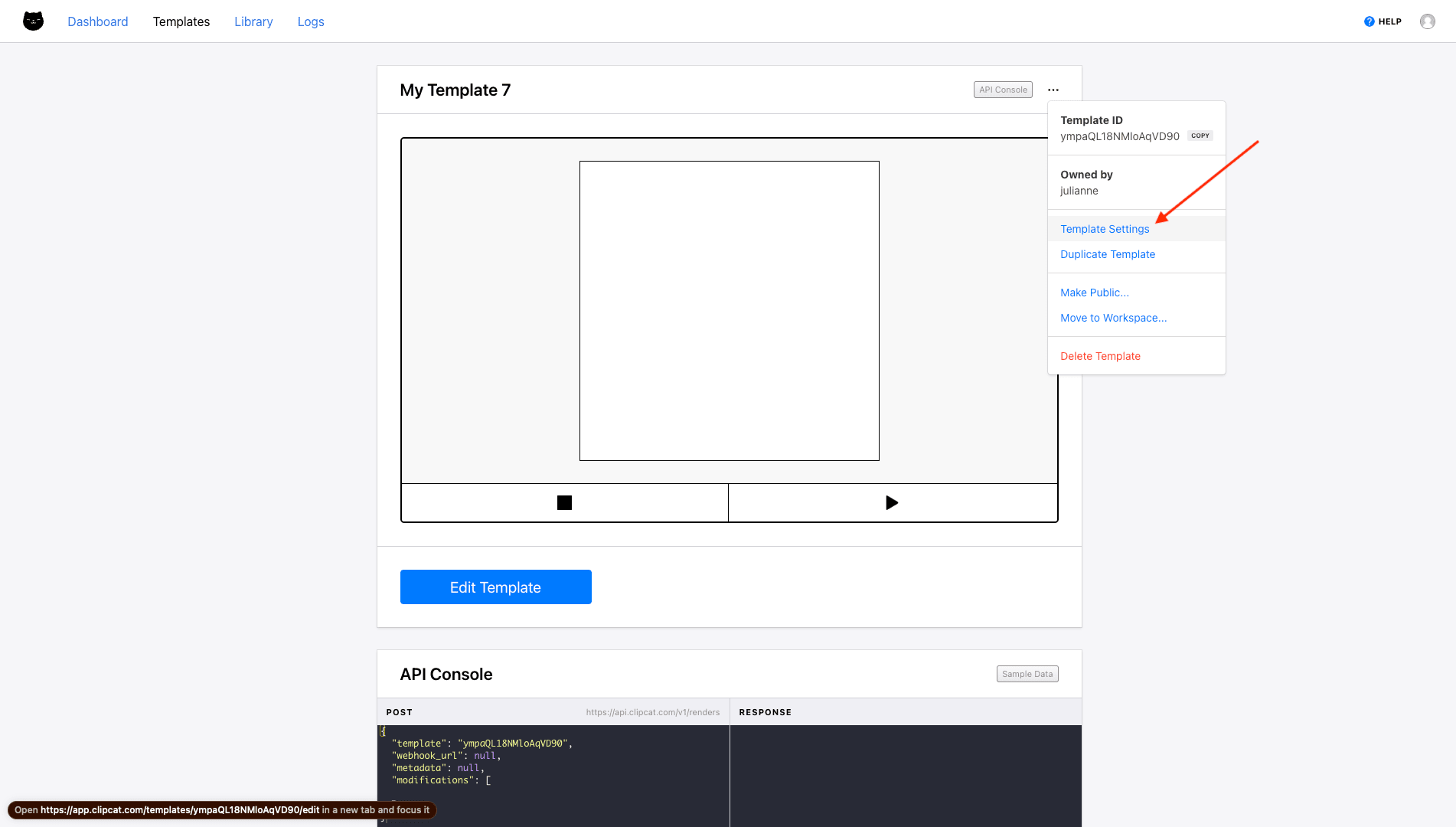 Screenshot of Clipcat template page with red arrow pointing to template settings