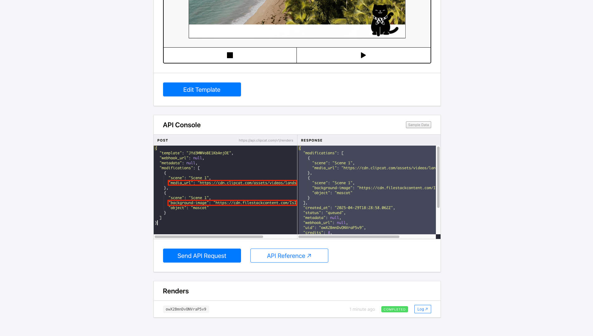 Screenshot of Clipcat template page with media input fields outlined in red