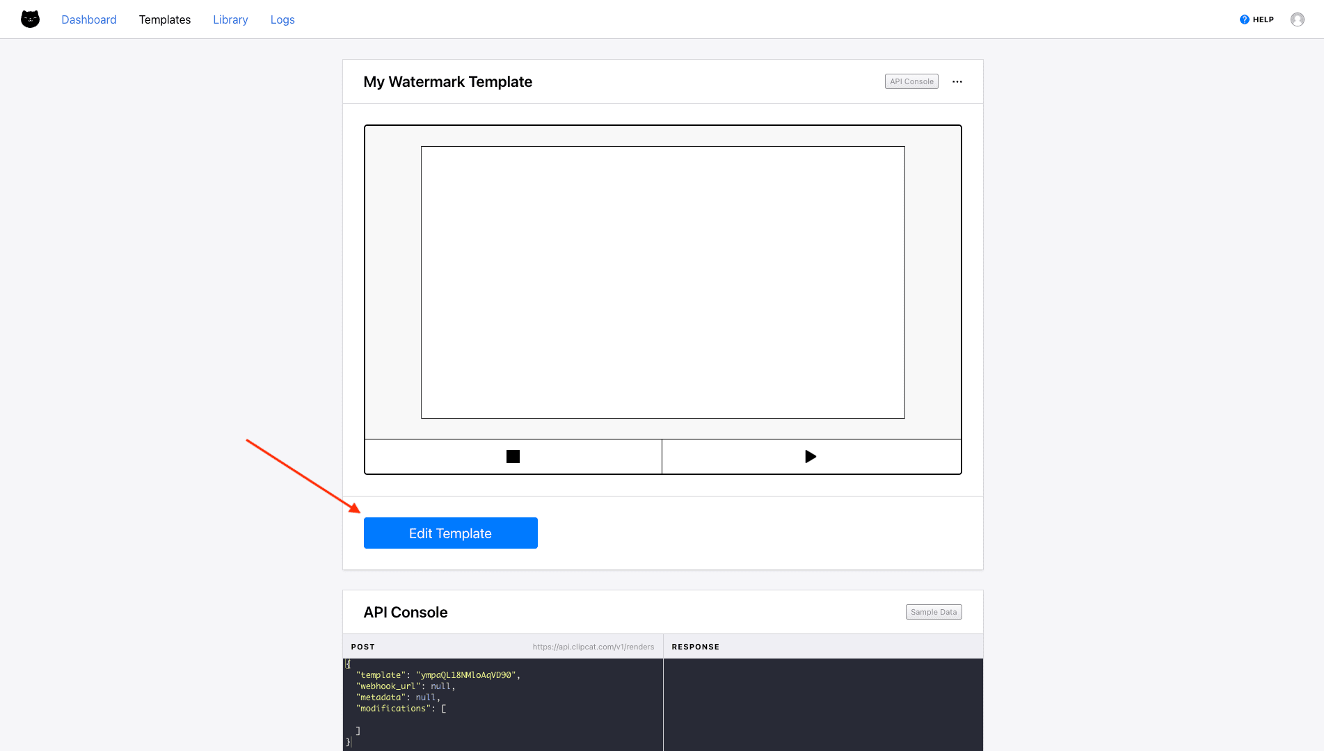 Screenshot of Clipcat template page with red arrow pointing to edit template