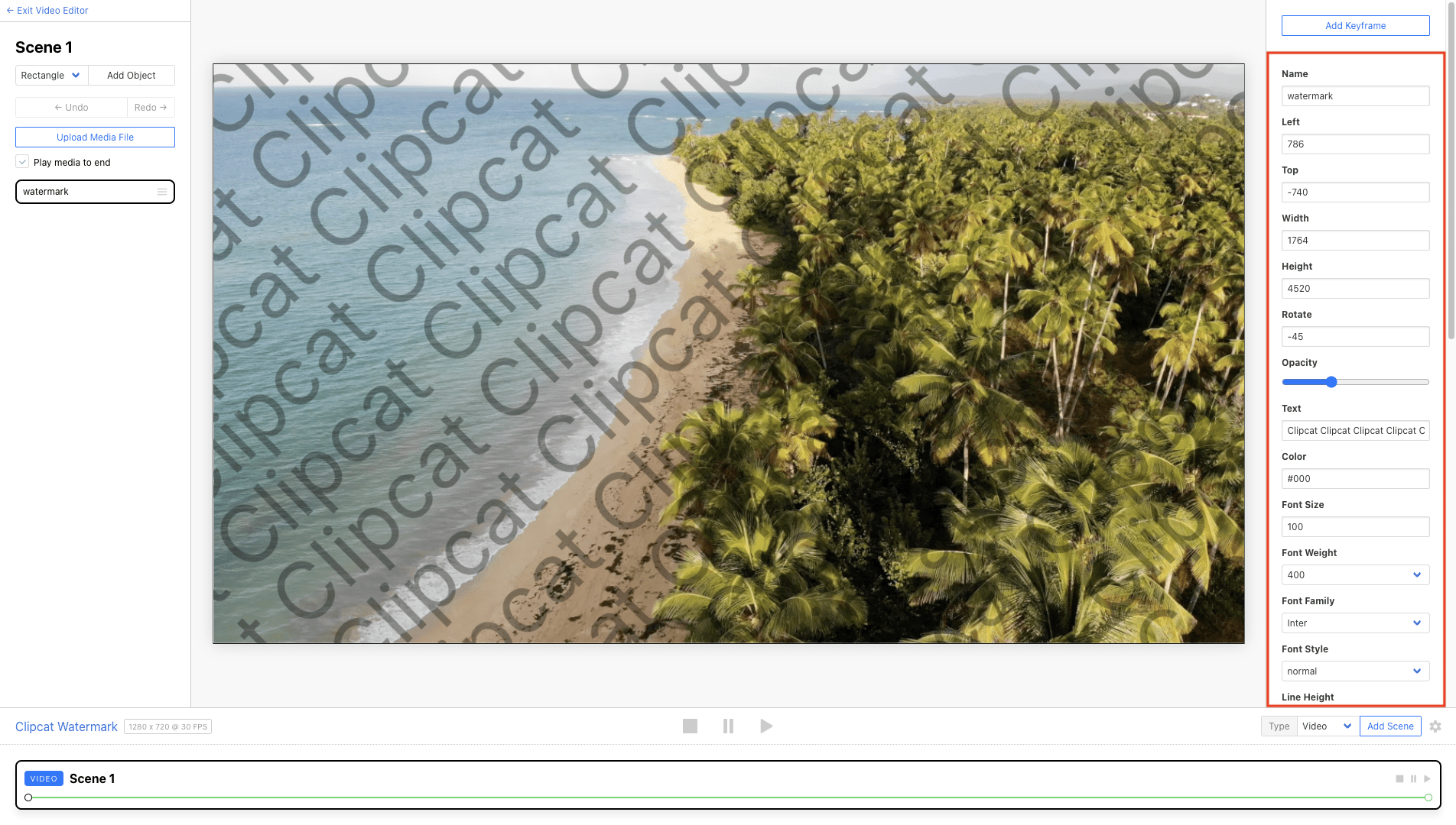 Screenshot of Clipcat editor with control panel outlined in red