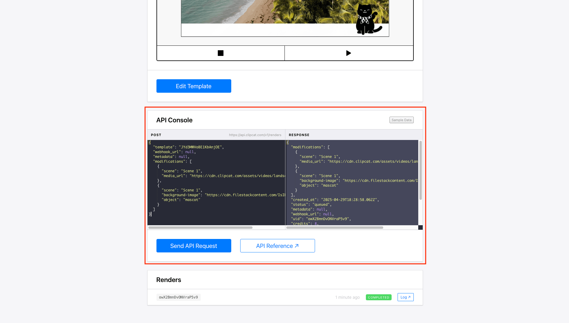 Screenshot of Clipcat template page with api console outlined in red
