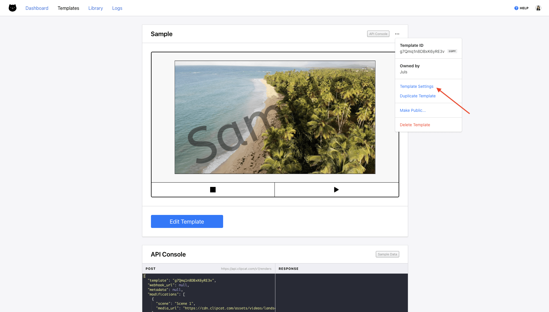 Screenshot of Clipcat template page with red arrow pointing to template settings