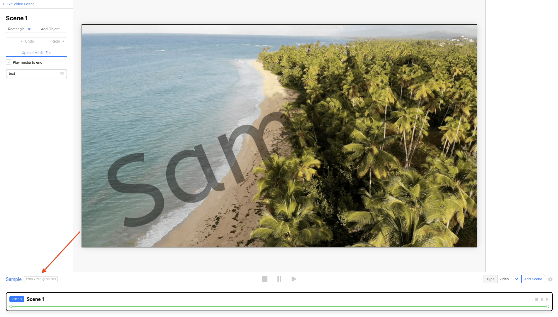 Screenshot of Clipcat editor with red arrow pointing to resolution settings