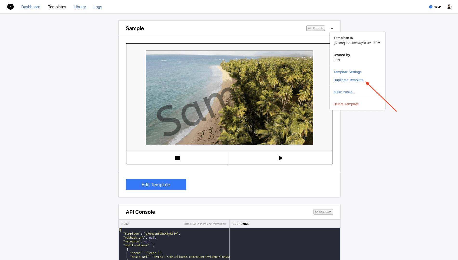 Screenshot of Clipcat template page with red arrow pointing to duplicate template