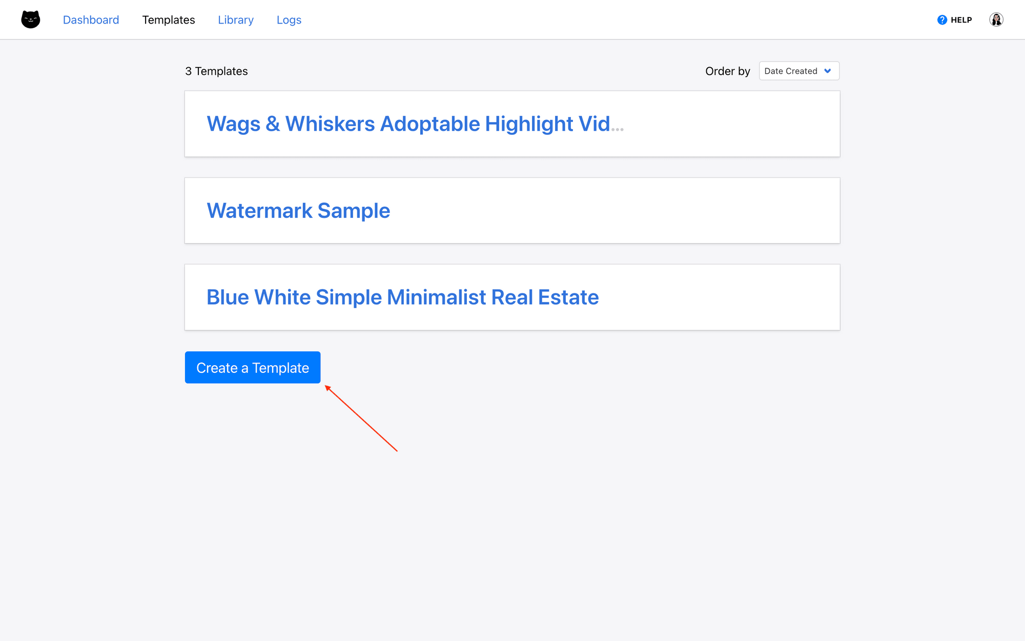 Screenshot of Clipcat templates tab with red arrow pointing to create a template