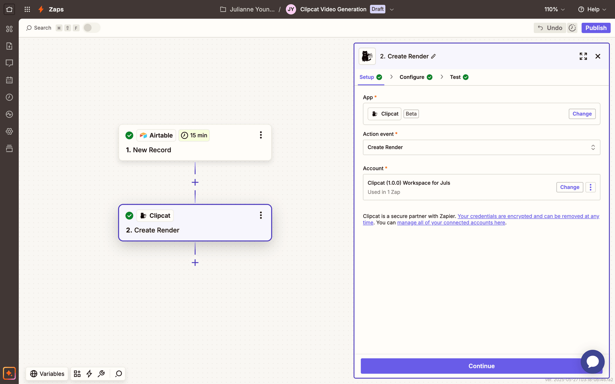 Screenshot of Zapier Clipcat create render step