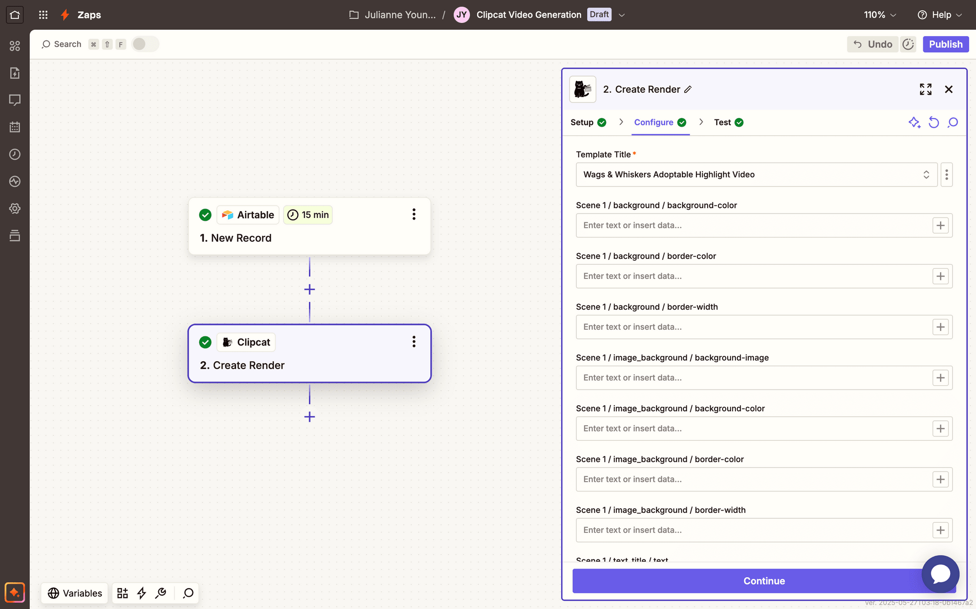 Screenshot of Zapier Clipcat create render step configuration
