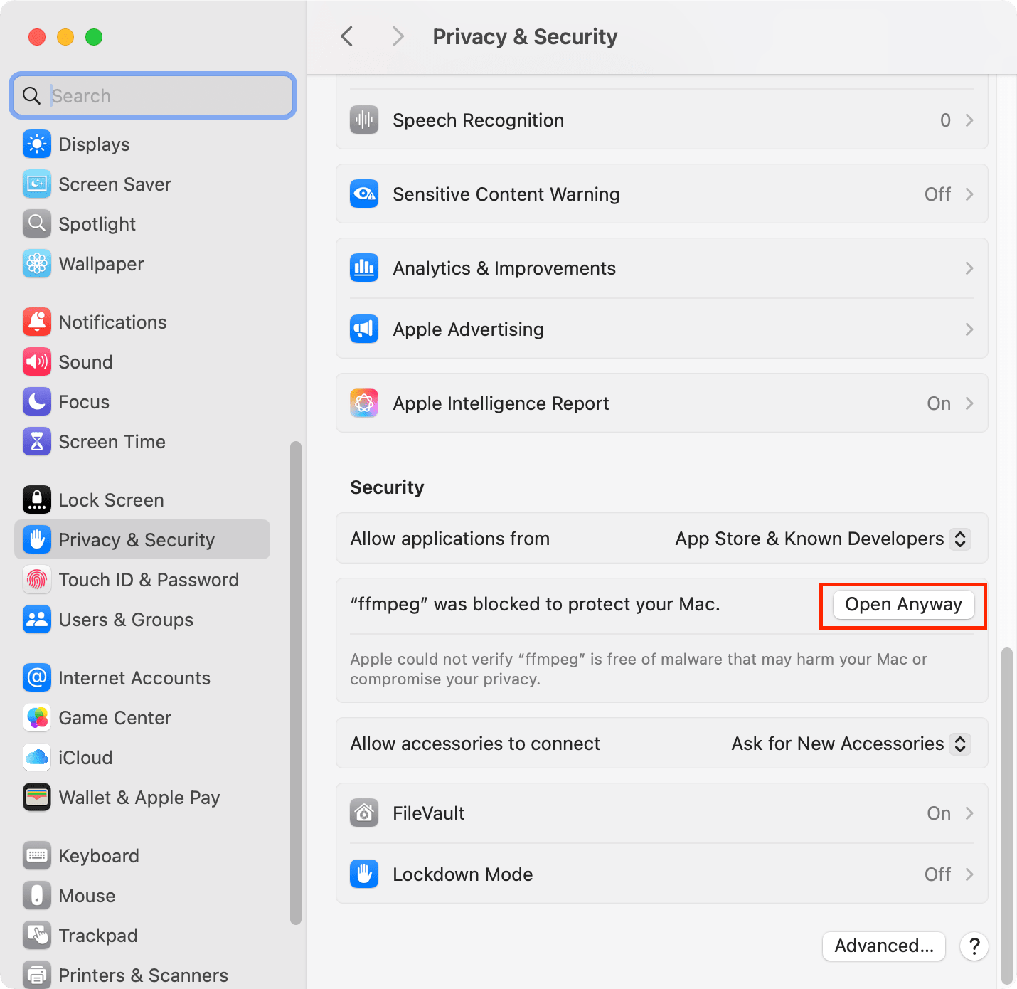 How to Install FFmpeg on macOS - changing the security.png