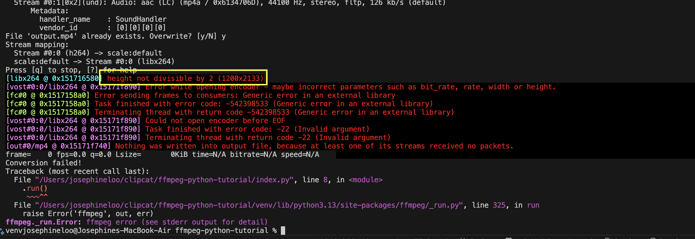 a screenshot showing FFMpeg error "height not divisible by 2" when resizing a video using the scale filter.png