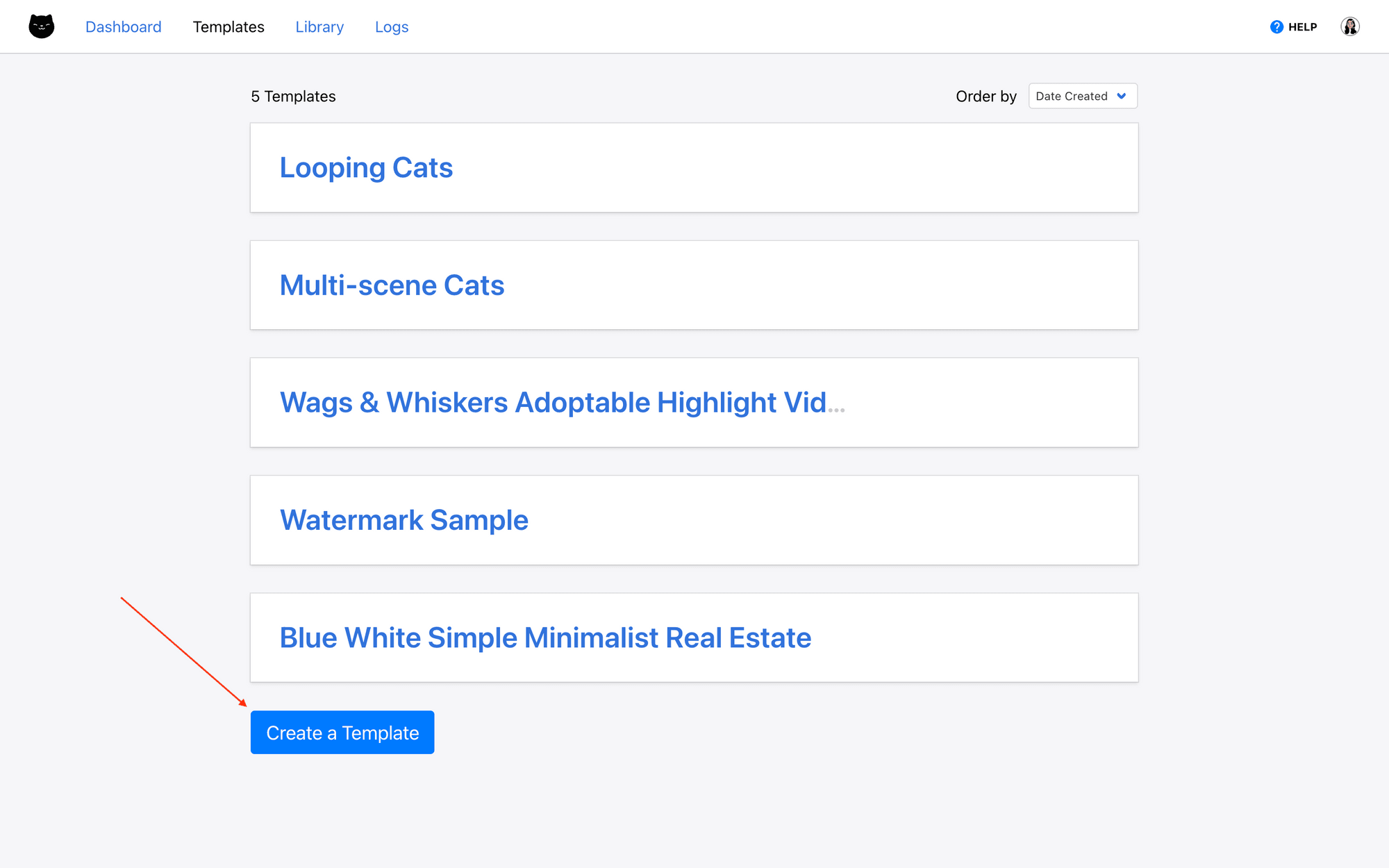 Screenshot of Clipcat template tab with red arrow pointing to create a template