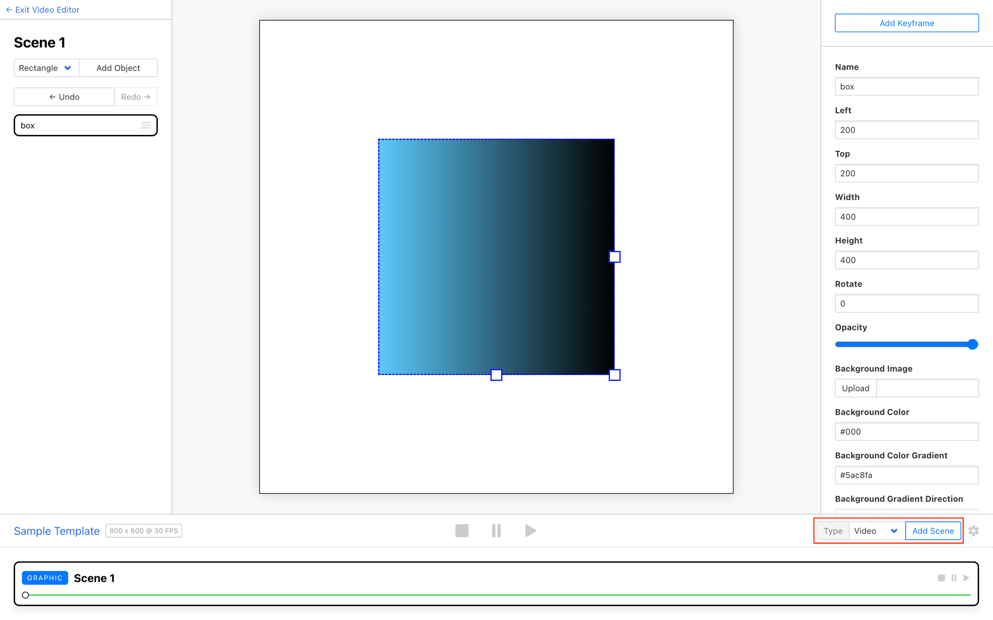 Screenshot of Clipcat editor with red outline around add scene button
