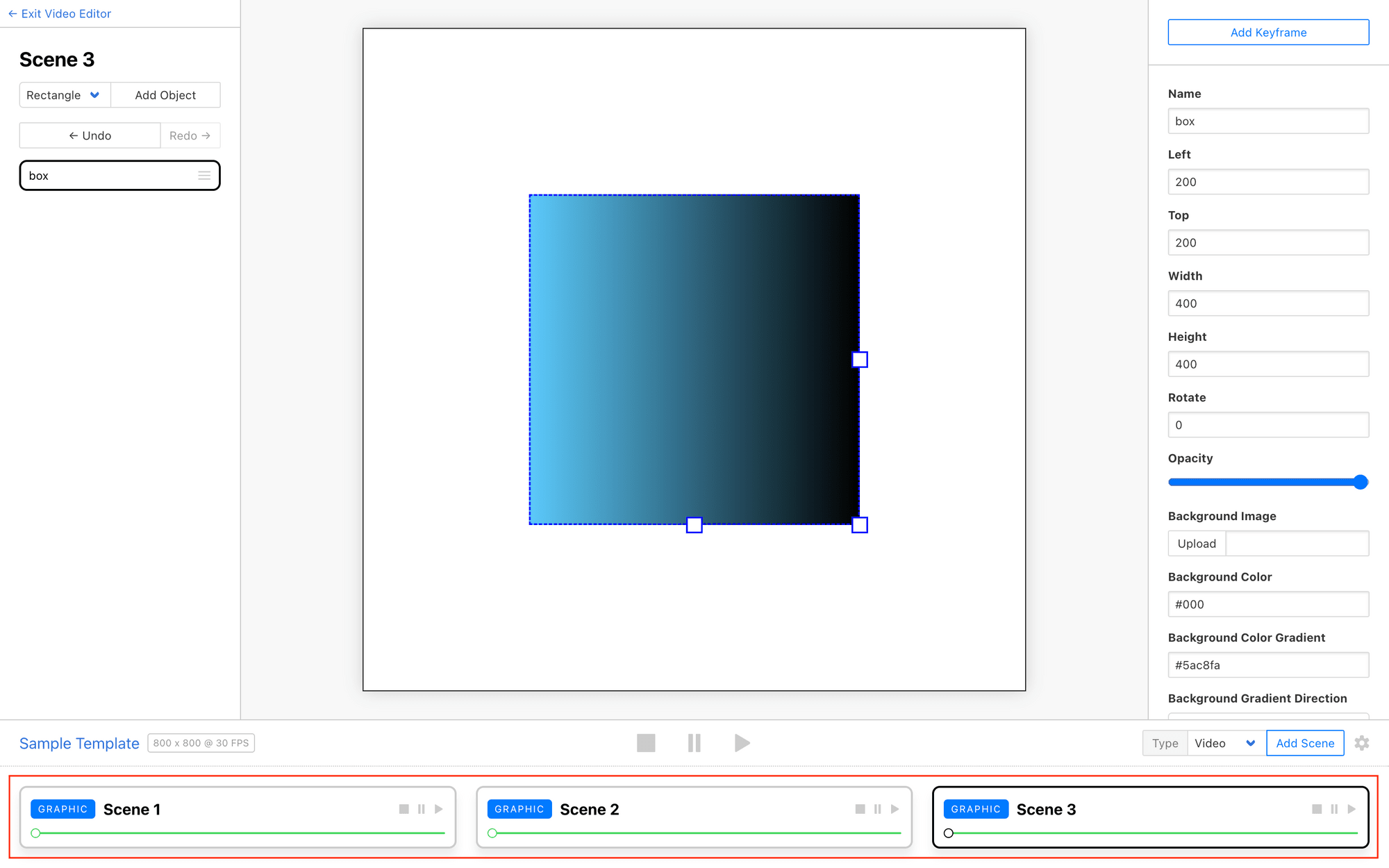 Screenshot of Clipcat editor with red outline around scenes