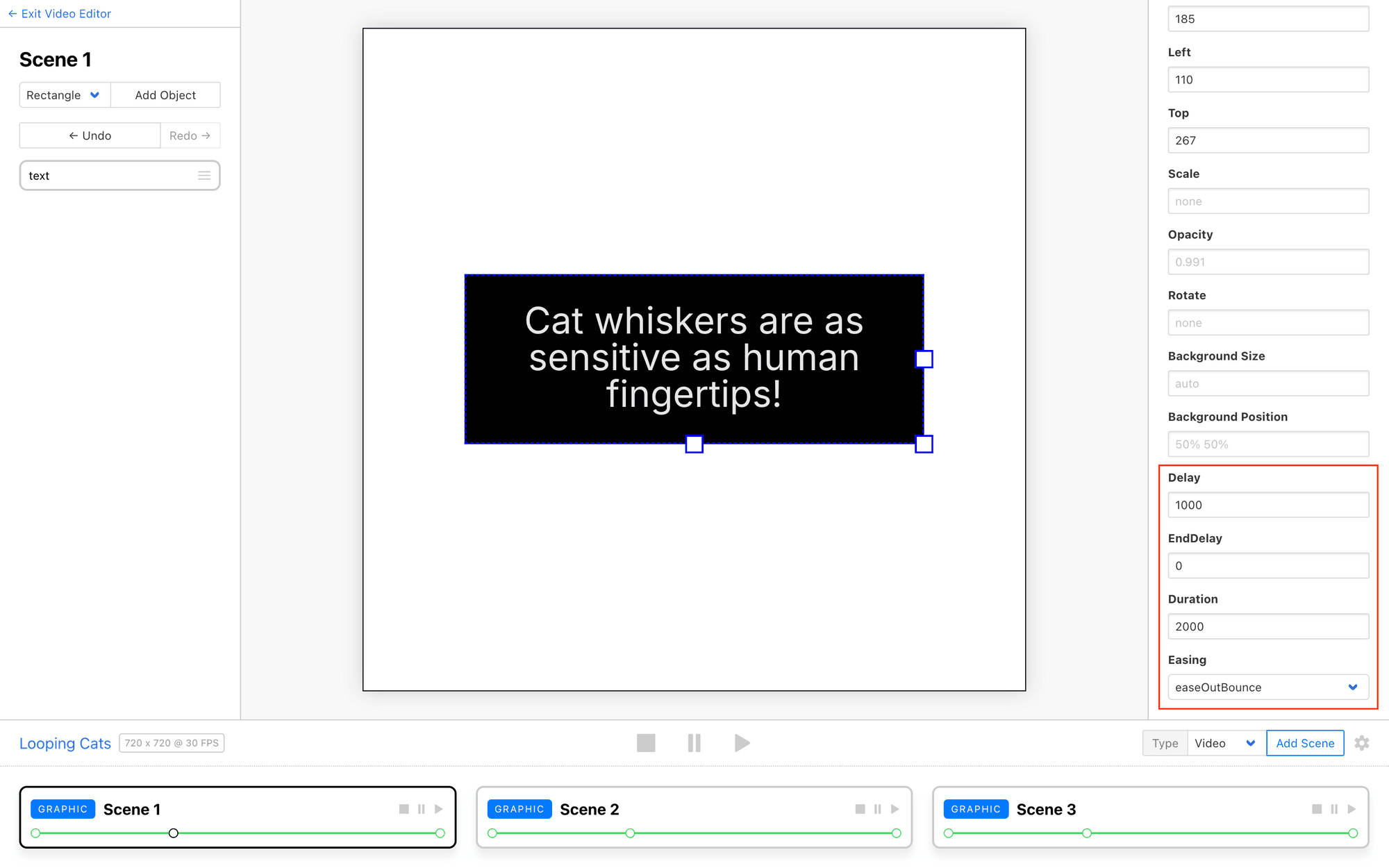 Screenshot of Clipcat editor with red outline around animation settings
