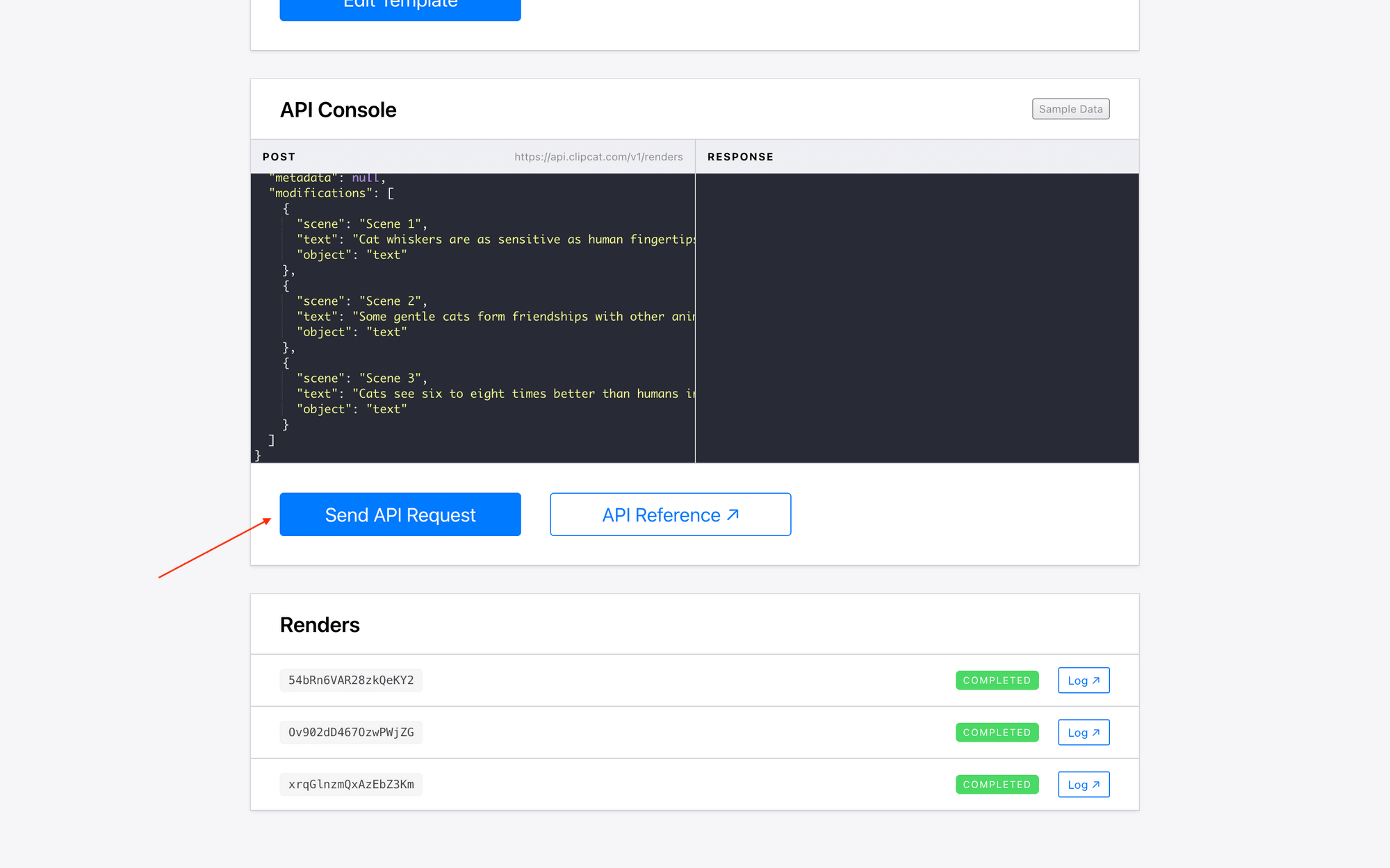 Screenshot of Clipcat template page with red arrow pointing to send api request