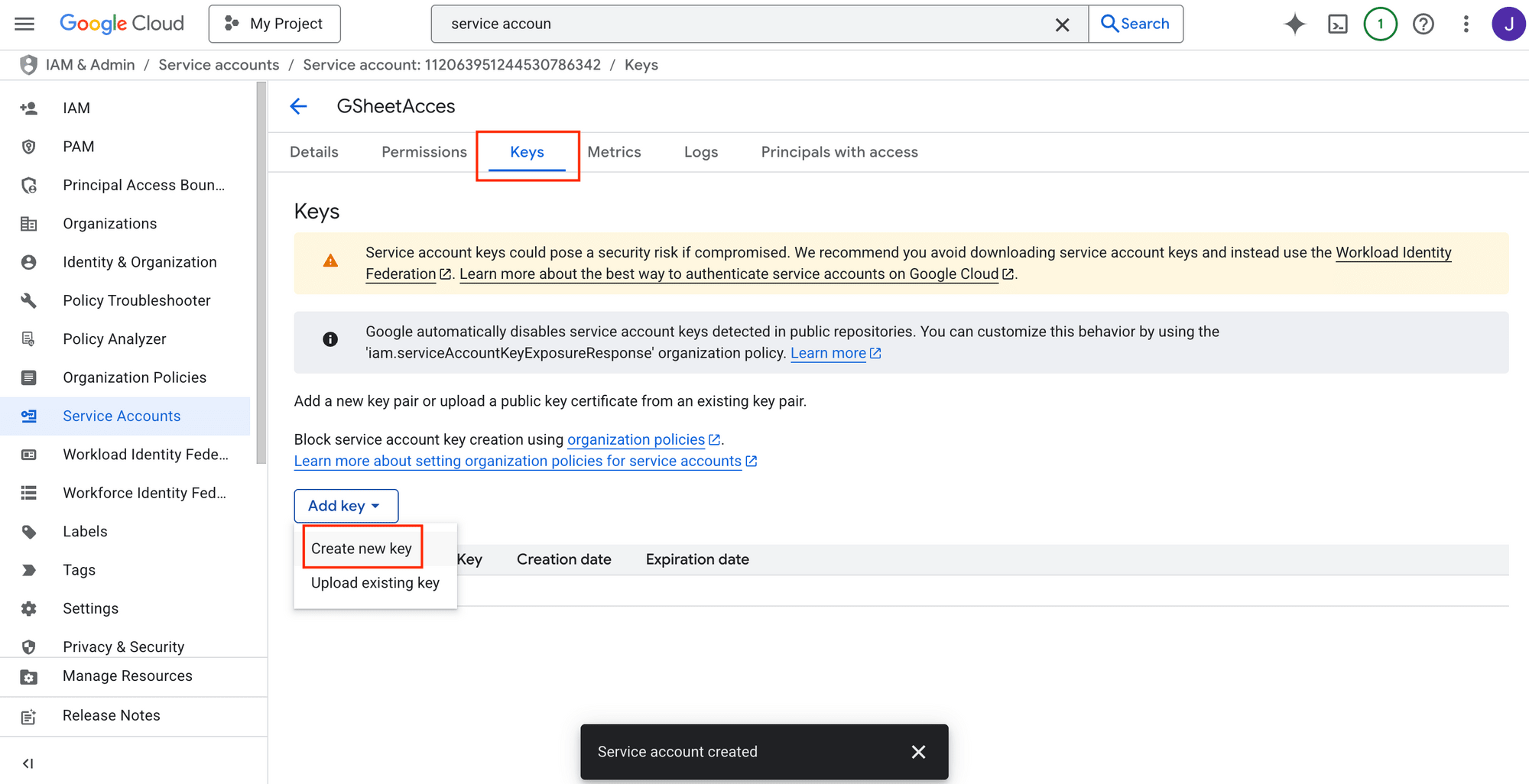Google Cloud Console - creating a private key for the service account.png