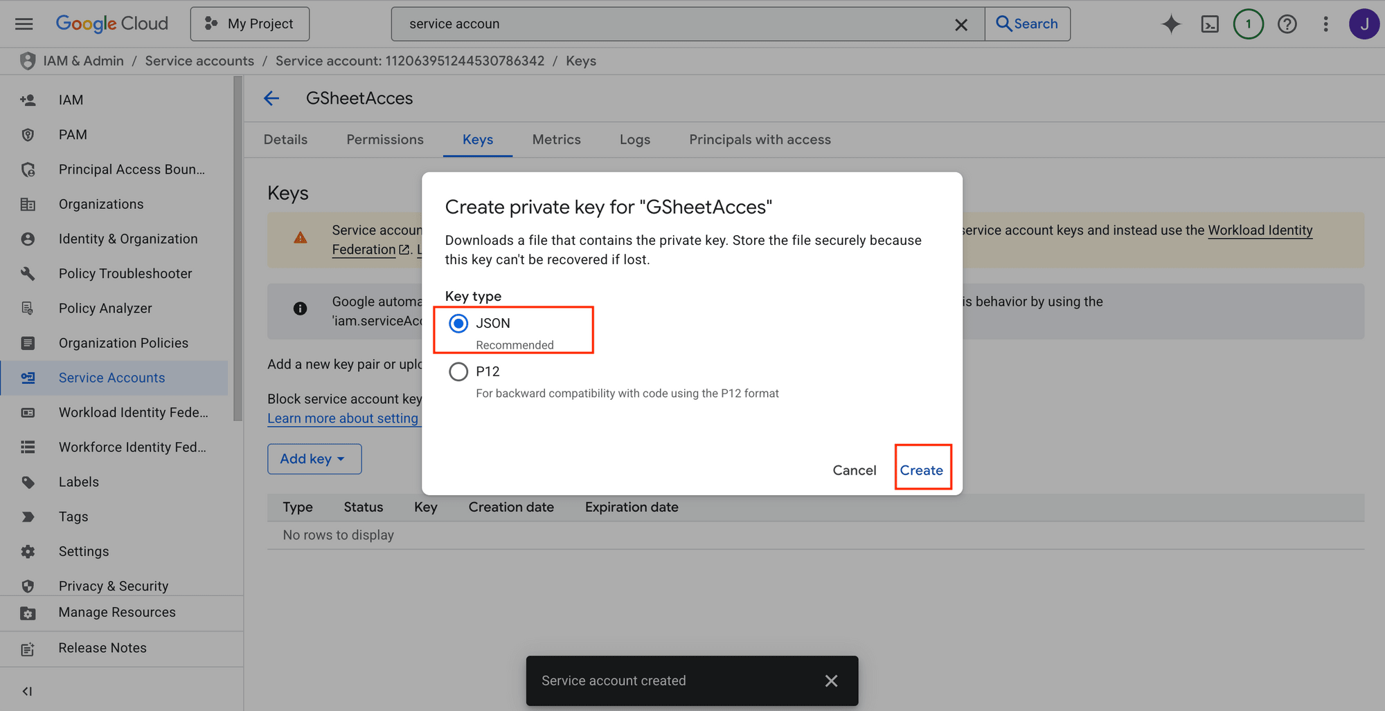 Google Cloud Console - creating a private key for the service account - choosing JSON as the key type.png