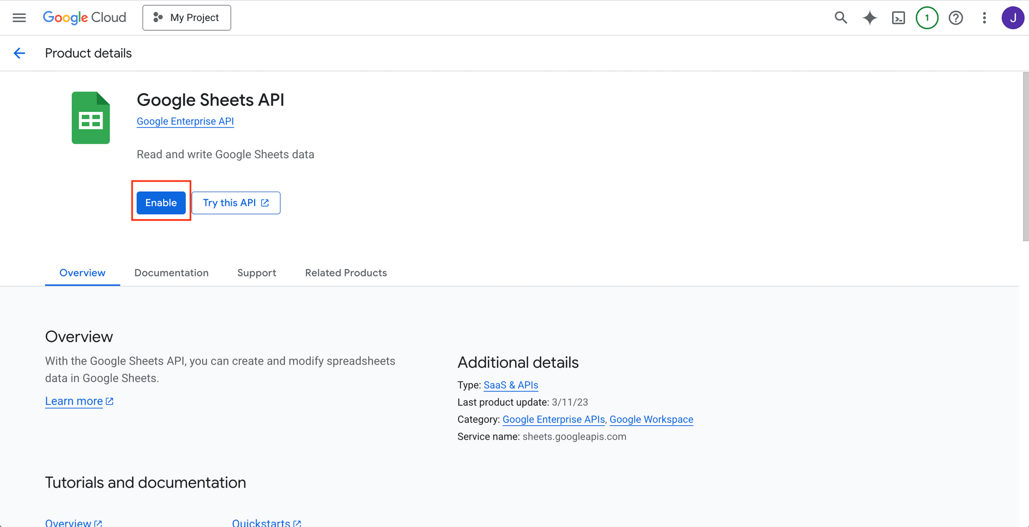Google Cloud Console - enable Google Sheets API.png
