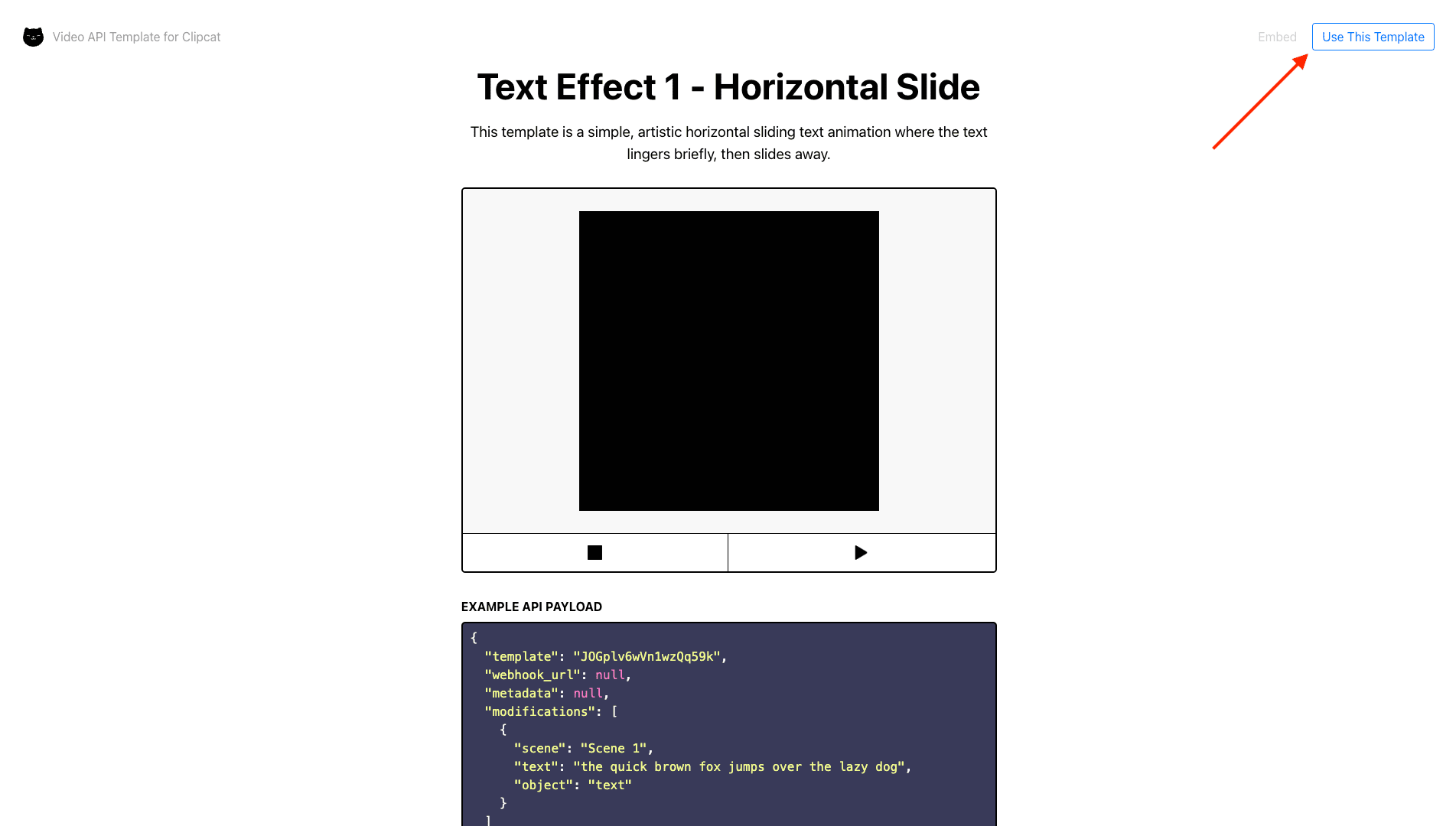 Screenshot of Clipcat template public url with red arrow pointing to use this template
