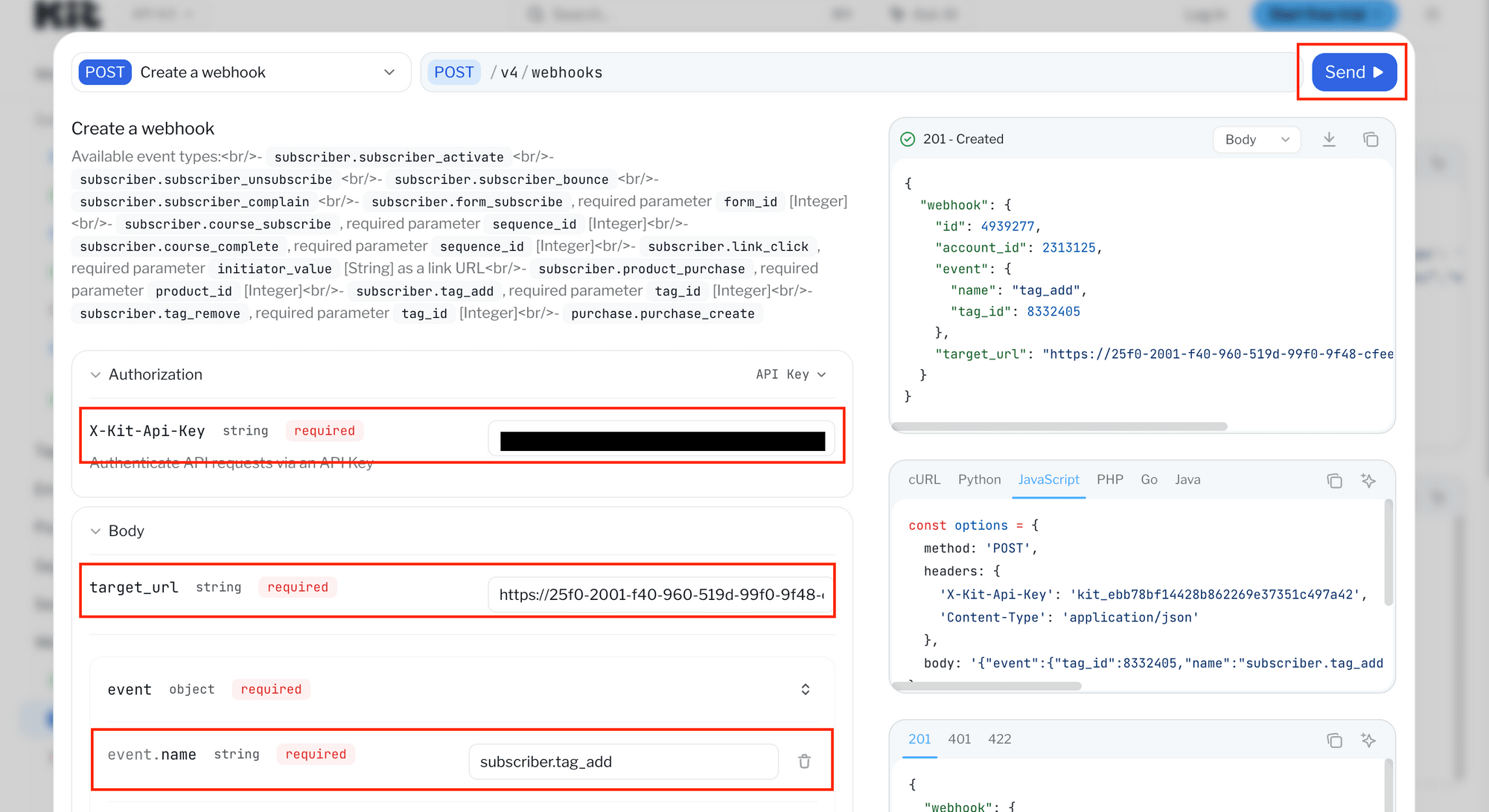 sending a POST reqeust to the webhook API from the Kit API Playground.png