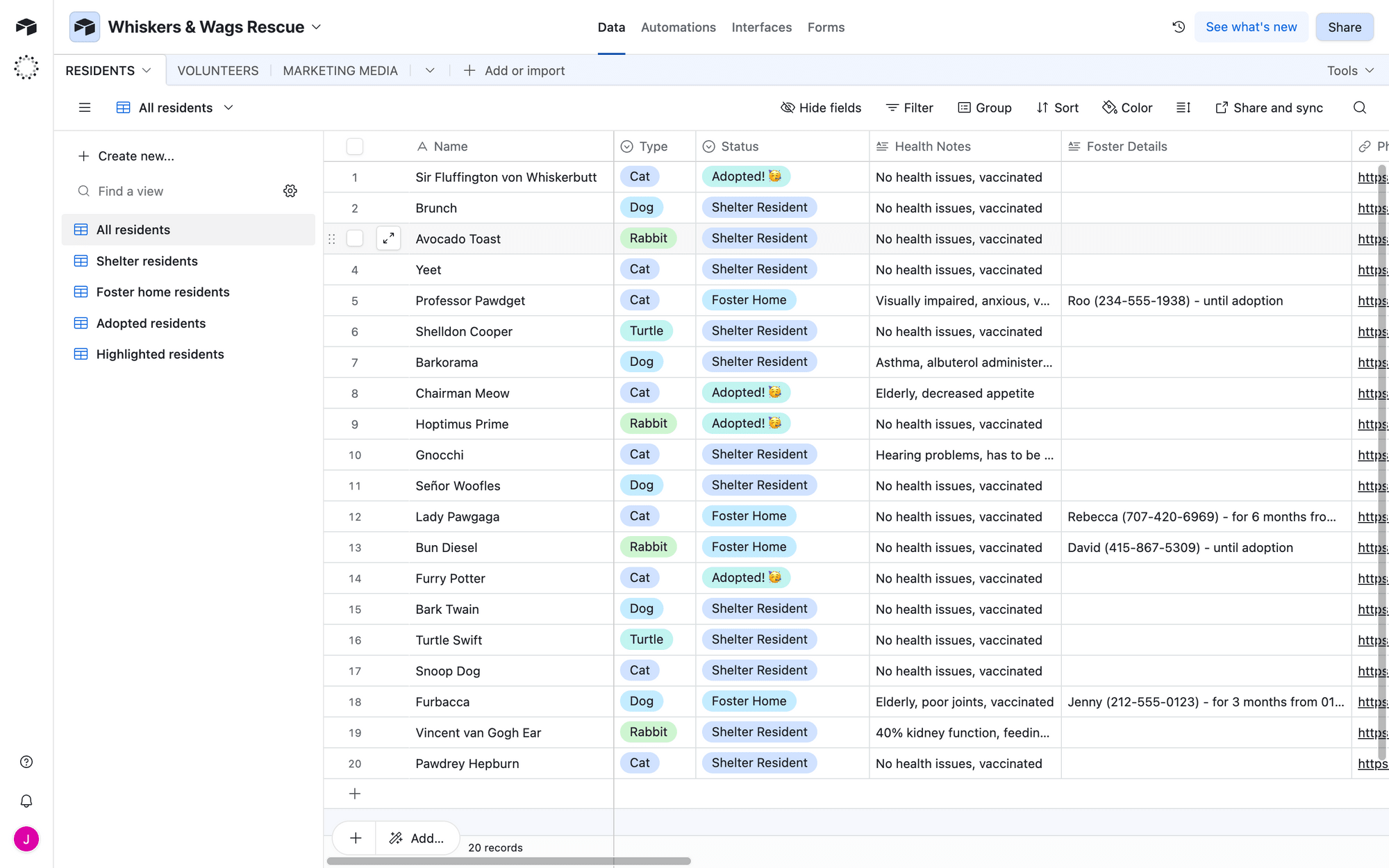 Screenshot of Airtable database
