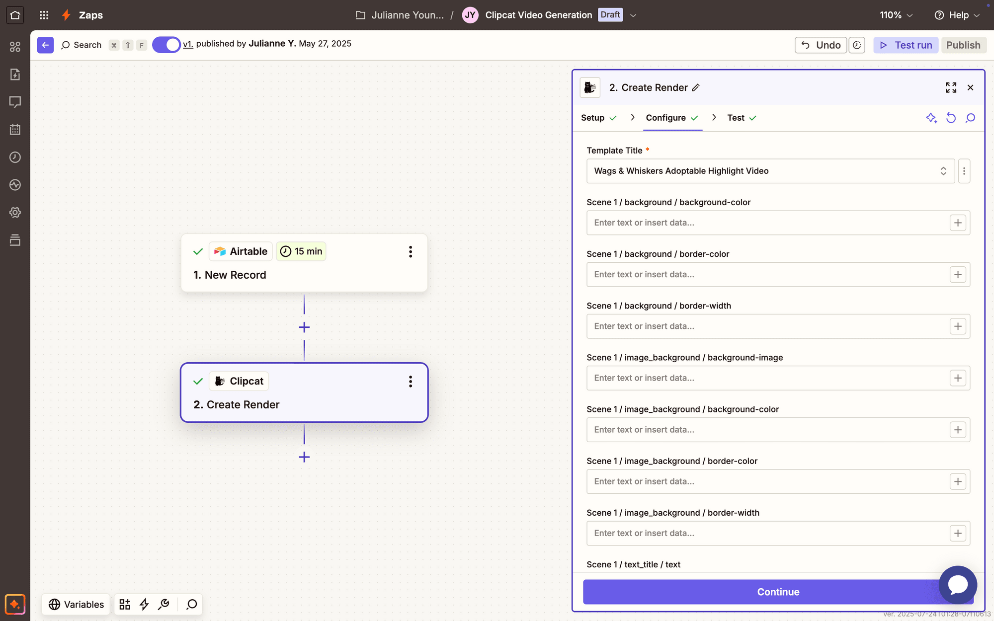 Screenshot of Zapier Clipcat create render event