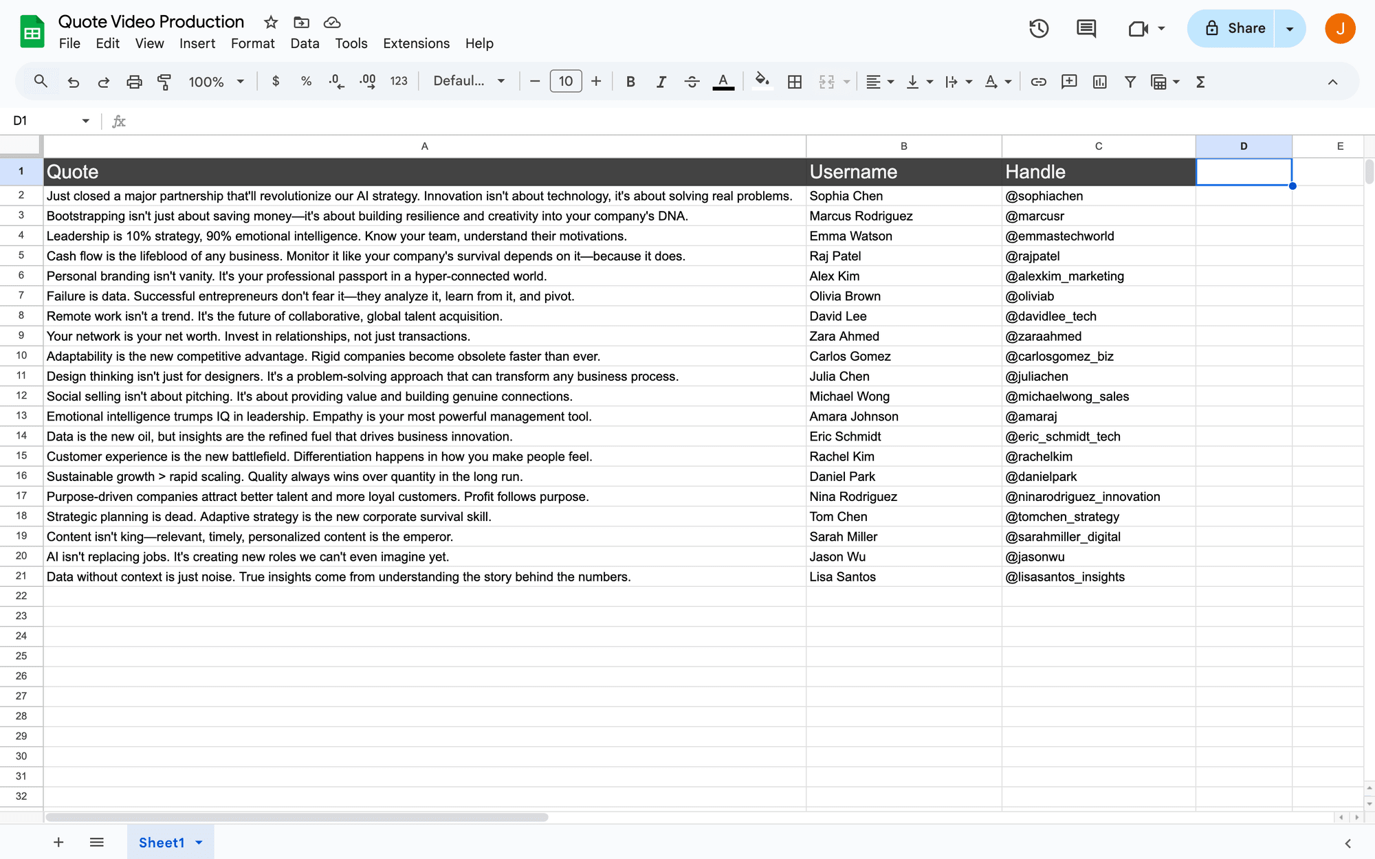 Screenshot of Google Sheets spreadsheet with sample data