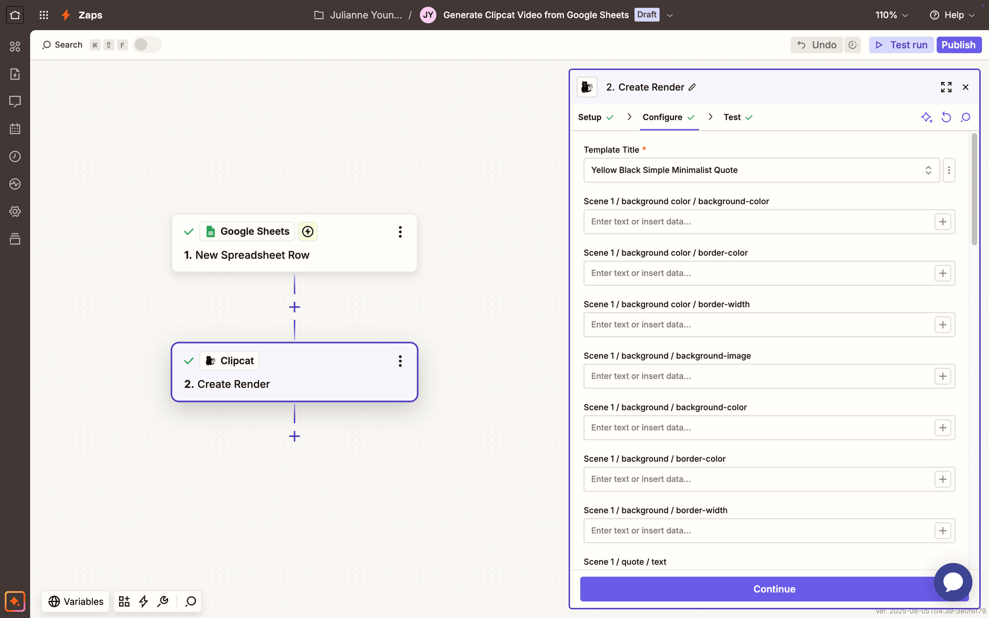 Screenshot of Zapier Clipcat create render action setup