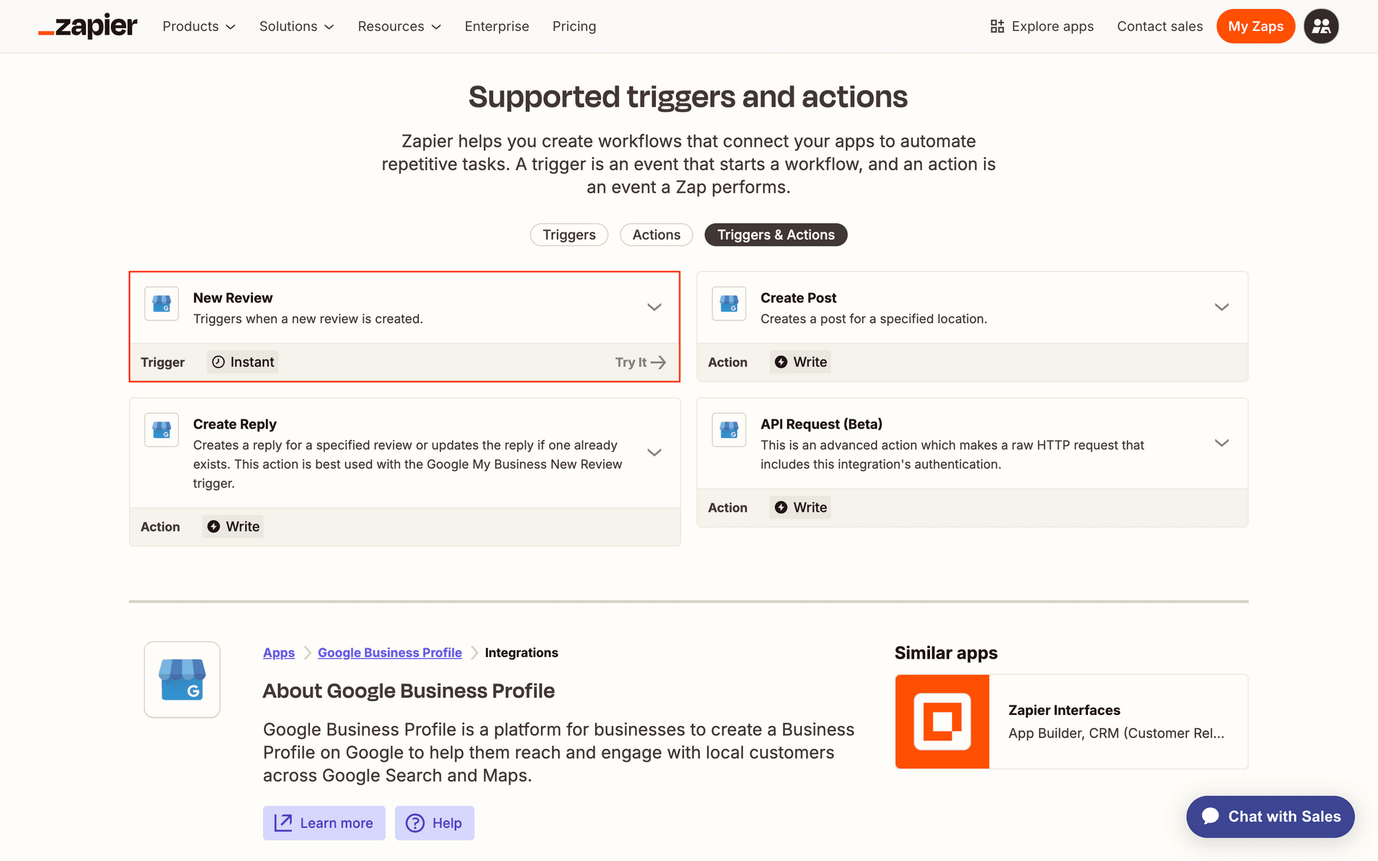 Screenshot of Zapier Google My Business supported triggers and actions