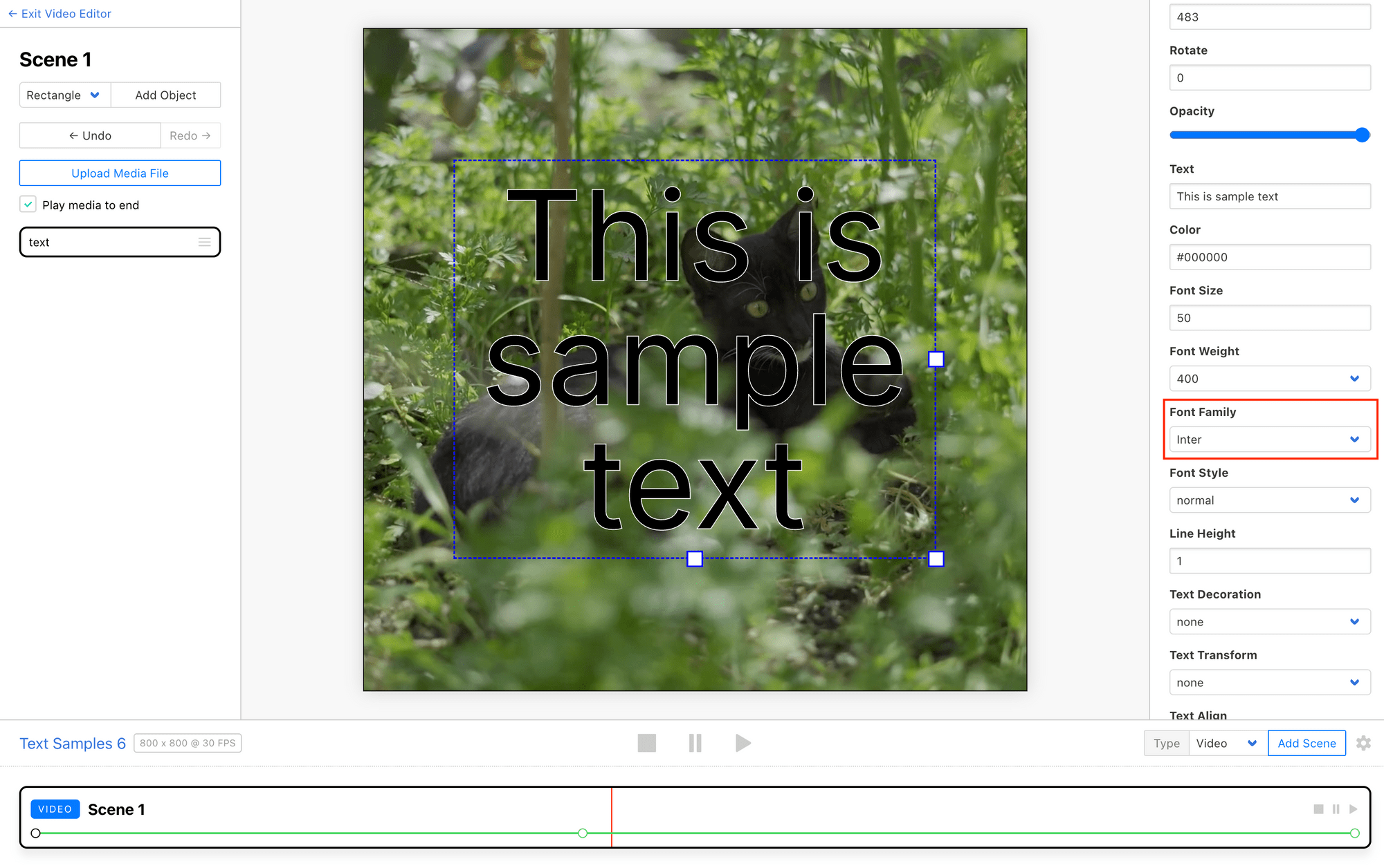 Screenshot of Clipcat editor with red outline around font family