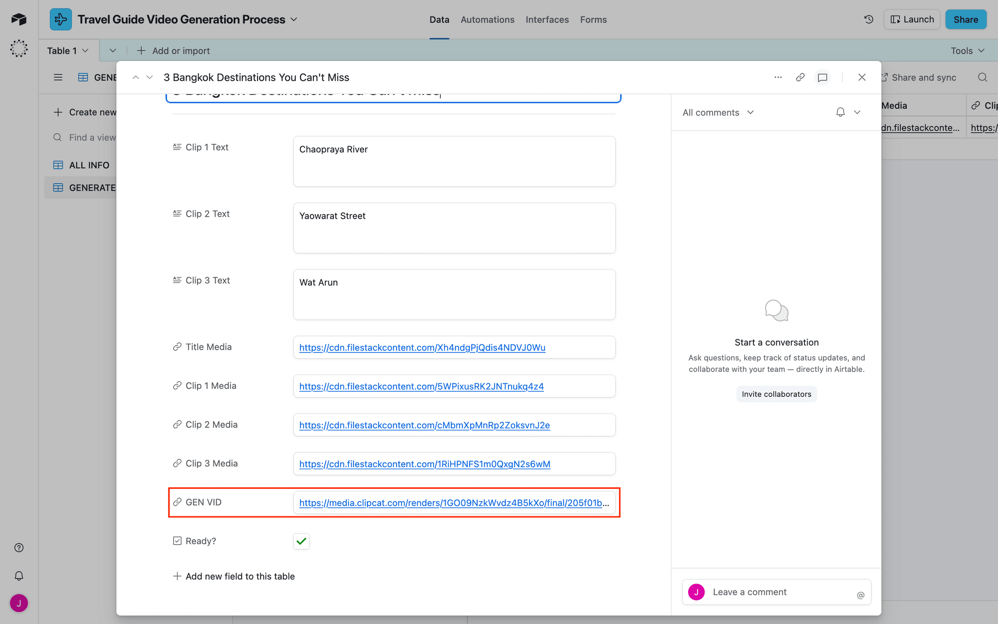Screenshot of Airtable record with generated video link outlined