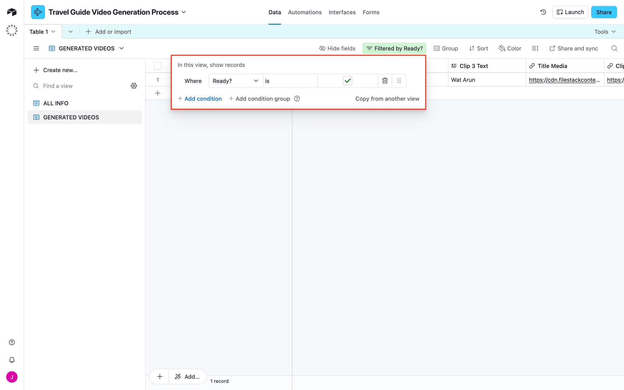 Screenshot of Airtable view with filter outlined in red