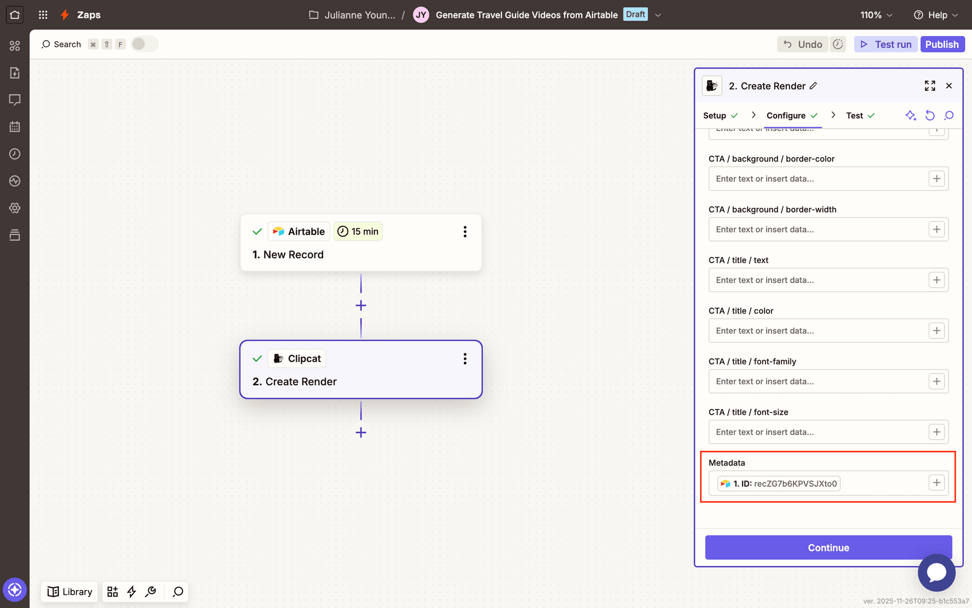 Screenshot of Zapier Clipcat create render with metadata outlined in red