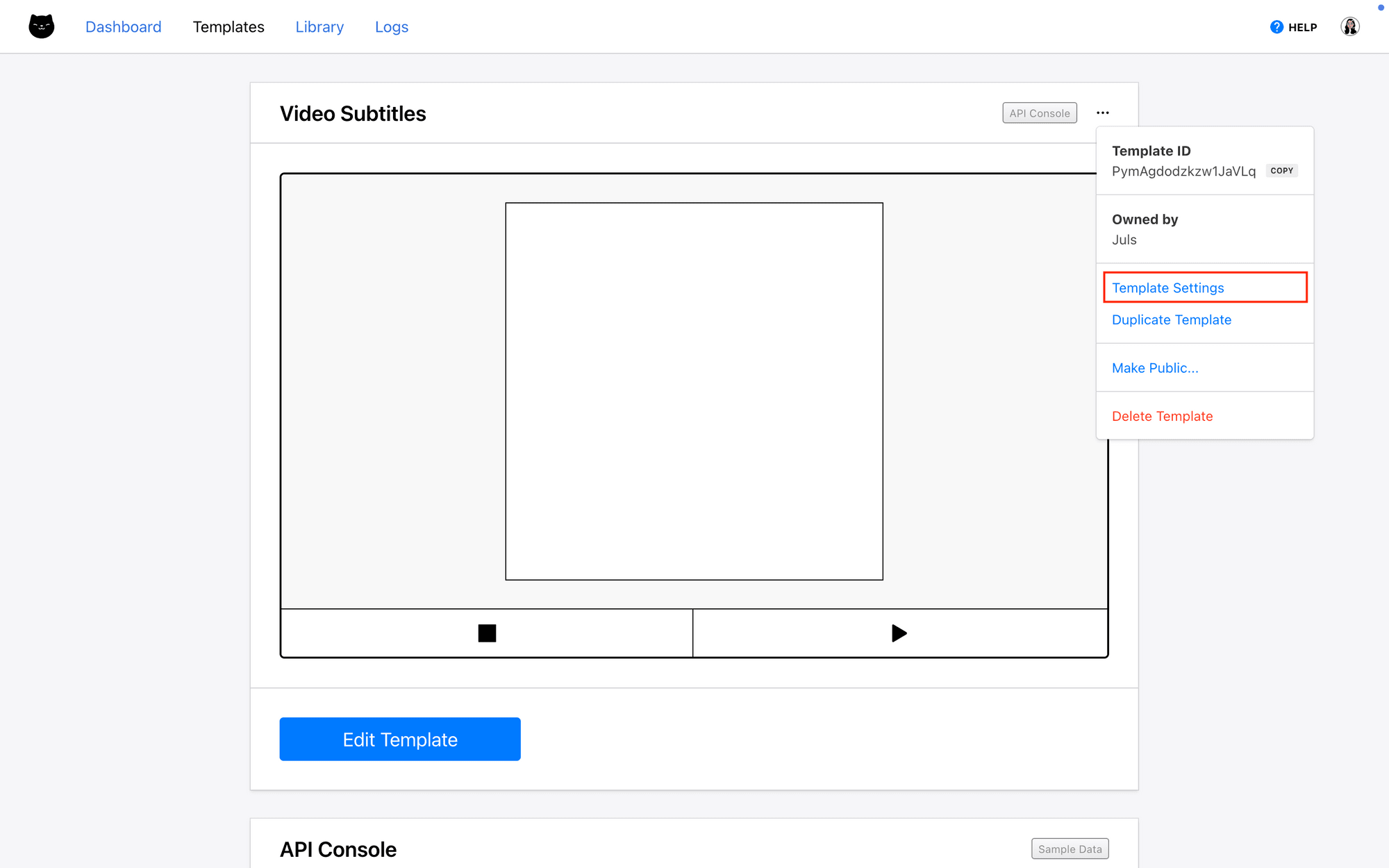 Screenshot of Clipcat template page with template settings outlined in red