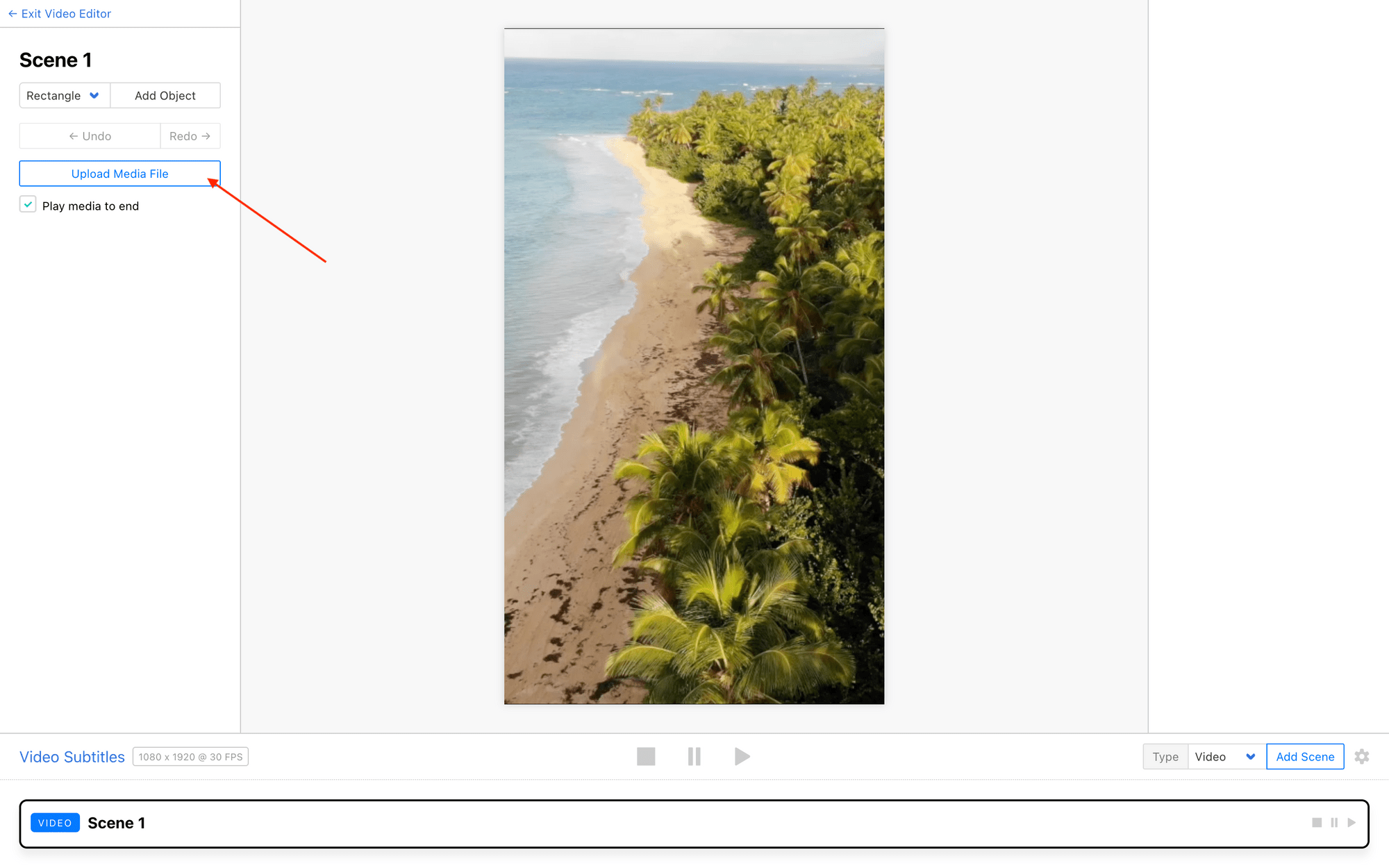 Screenshot of Clipcat template editor with red arrow pointing to upload media file
