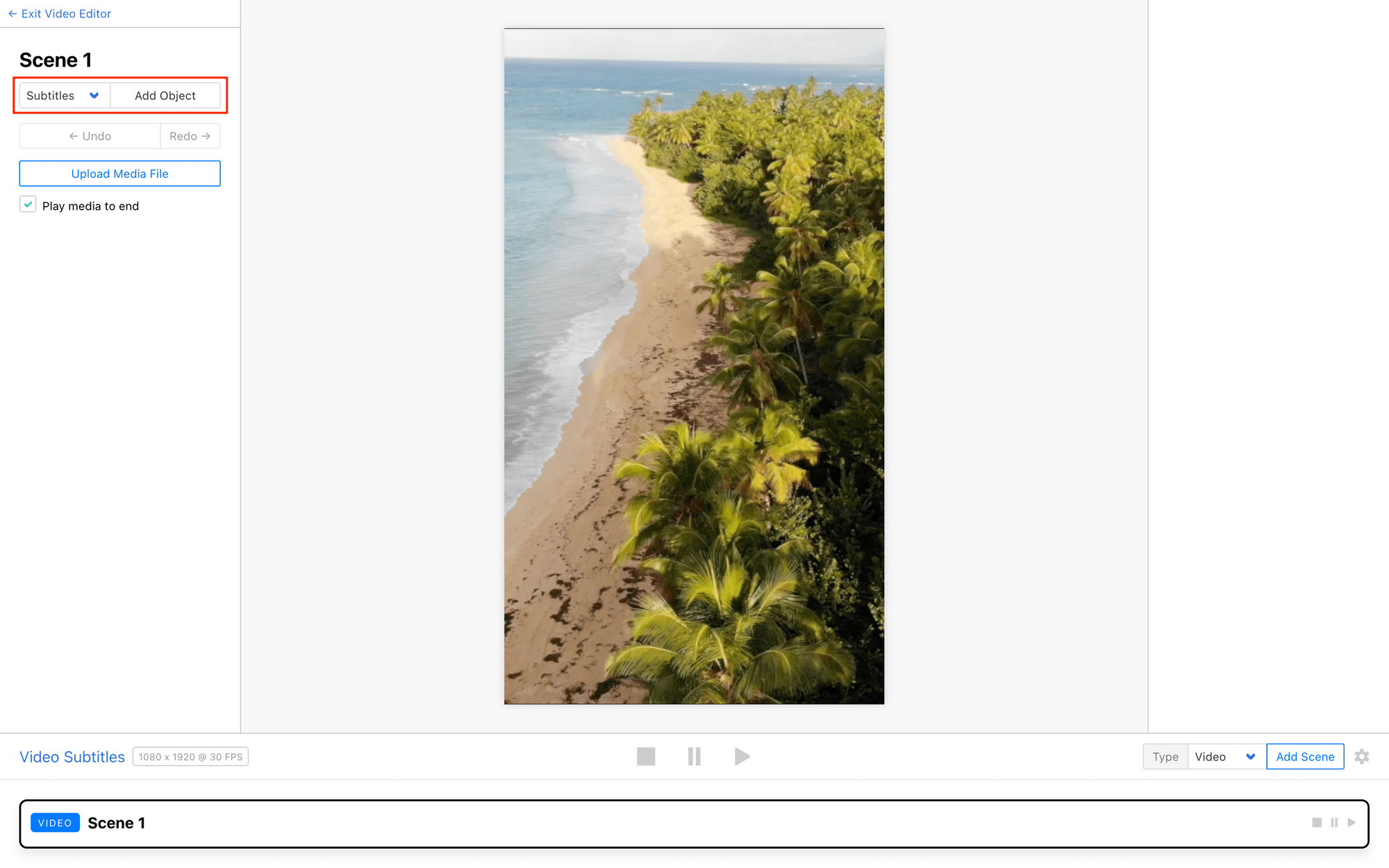 Screenshot of Clipcat template editor with add subtitles object outlined in red